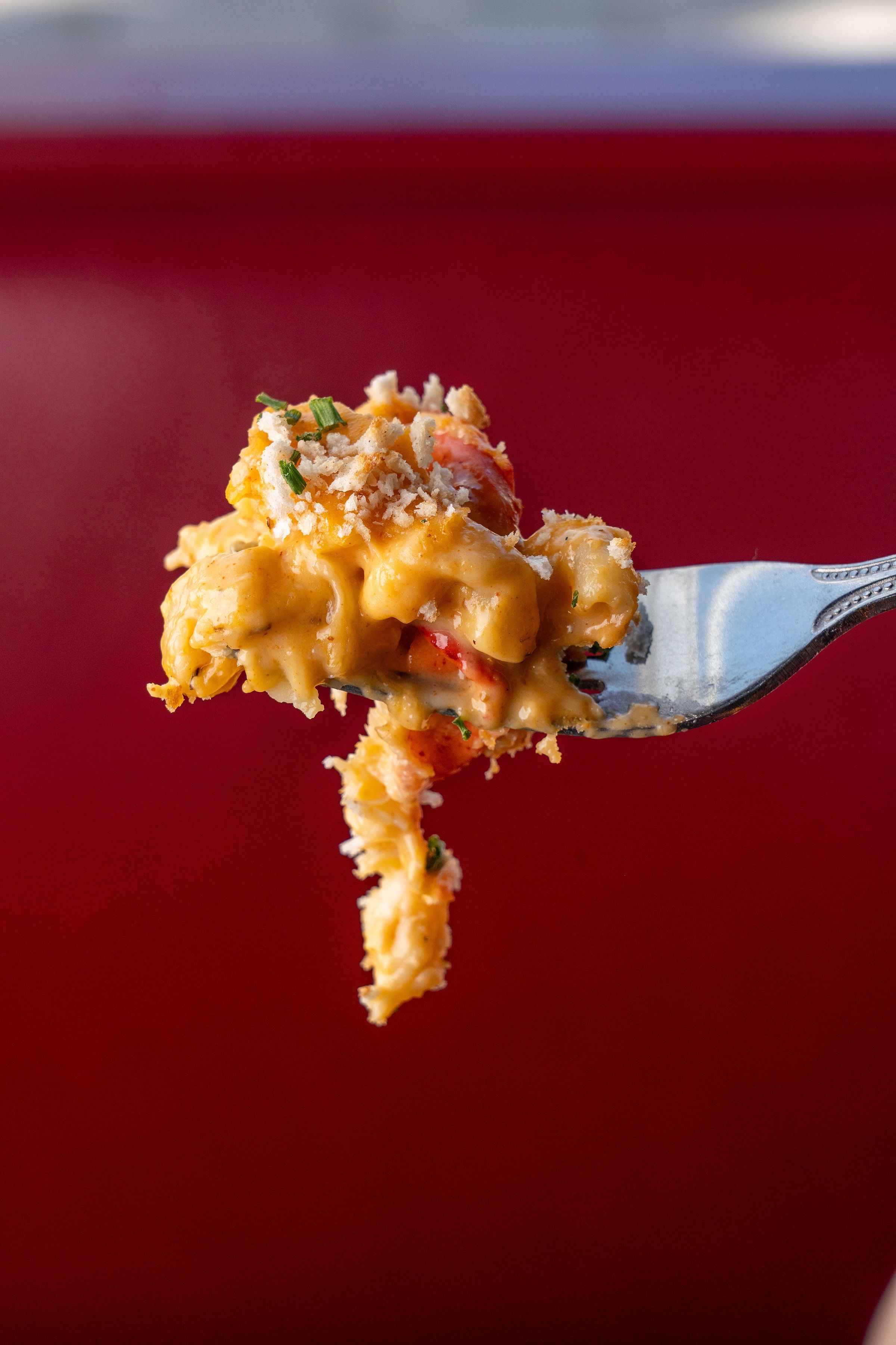 River Dock lobster mac and cheese — melted cheese cascading off a fork